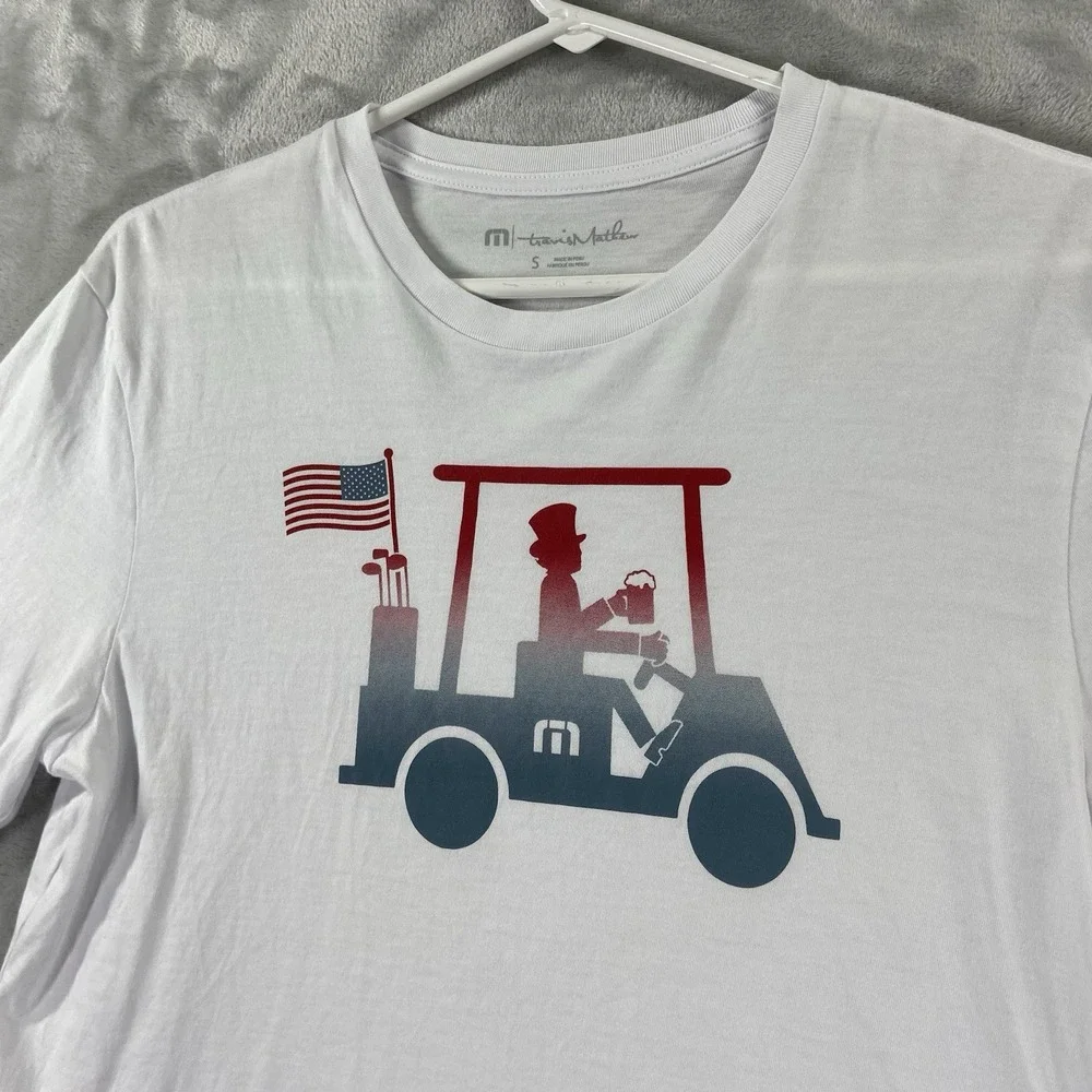 Travis Mathew T-Shirt mens Small Graphic Golf Cart USA July 4th 100% Pima Cotton - Picture 2 of 13